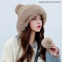 Autumn and winter women's cotton cashmere cap three fur ball cute plus velvet padded cold warm solid color knitted hat