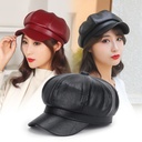 Autumn and Winter Vintage Beret Women's pu Leather Solid Color All-match Painter Hat Spring Korean Style Internet Celebrity Octagonal Cap