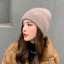 Hat Women's Rabbit Hair Knitted Hat Internet Celebrity Letter m Label Wool Hat Plus Velvet Warm Hat Autumn and Winter Ear Protection Hat